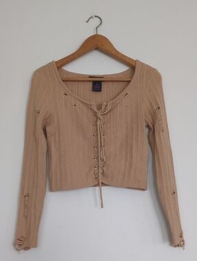 Lace-Up Ribbed Crop Sweater Top - Beige
